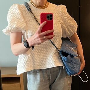 BMUET(TE) white textured top with puffed sleeves